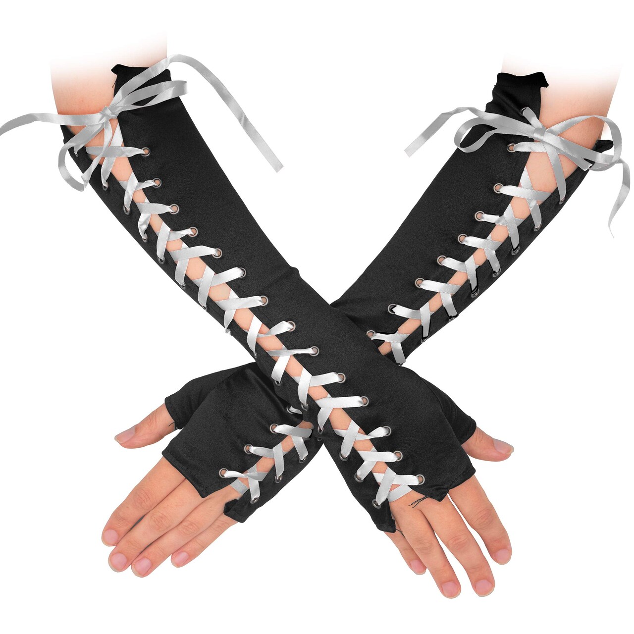 Fingerless Lace Up Gloves - Long Black Costume Elbow Arm Warmer Accessories with White Satin Laced Tie for Dress Up